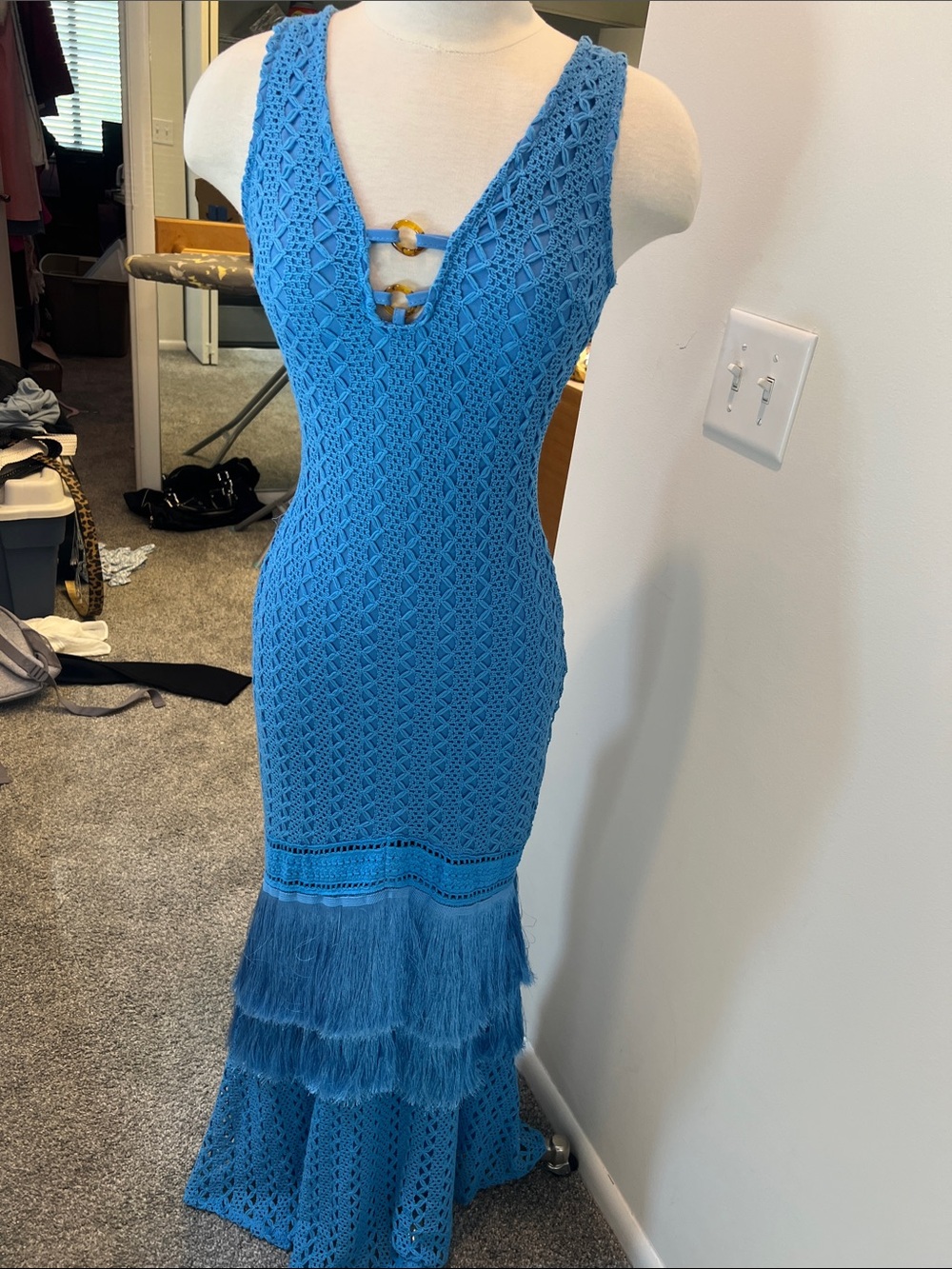 Vibrant Blue Crochet Maxi Dress with Fringe Hem